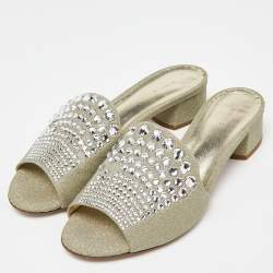 Le Silla Silver Glitter Canvas Crystal Embellished Block Heel Slide Sandals Size 41