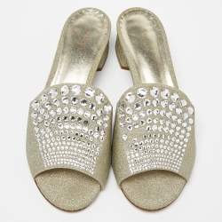 Le Silla Silver Glitter Canvas Crystal Embellished Block Heel Slide Sandals Size 41
