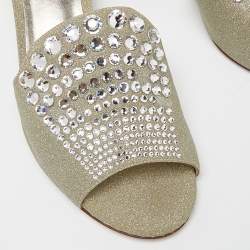 Le Silla Silver Glitter Canvas Crystal Embellished Block Heel Slide Sandals Size 41