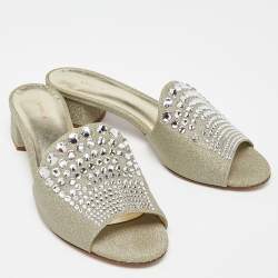 Le Silla Silver Glitter Canvas Crystal Embellished Block Heel Slide Sandals Size 41