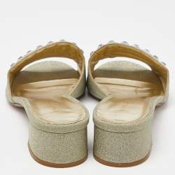Le Silla Silver Glitter Canvas Crystal Embellished Block Heel Slide Sandals Size 41