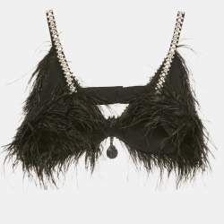 Pre Owned Le Thanh Hoa Black Crystal Embellished Feather Eva Crop Top XS