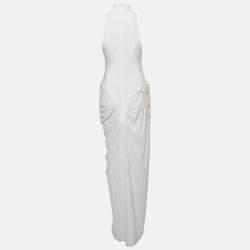 Pre Owned   Leam Almes White Velvet and Tulle Pearl Detail Draped Maxi Dress M