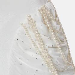 Pre Owned   Leam Almes White Velvet and Tulle Pearl Detail Draped Maxi Dress M