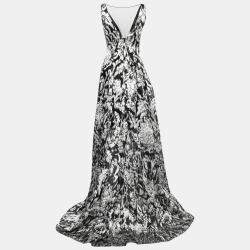 Lela Rose Monochrome Lurex Ikat Patterned Jacquard Sheer Yoke Sleeveless Gown XS