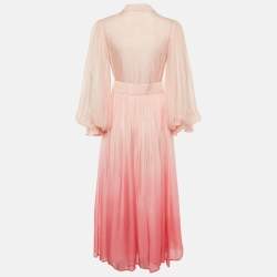 Pre Owned فستان ميدي ليو لين حرير مزيج أومبري وردي بتفاصيل ربطة عنق وحزام قماش ققاس صغير - سمول