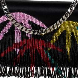 Les Petits Joueurs Black Ginny Palms Fringe Chain Clutch