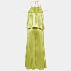Pre Owned Li Dee Green Satin Pleated Biscous Top & Pants Set XS 