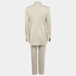 Pre Owned Lili Blanc Beige Crepe Leather Trim Pants Suits M