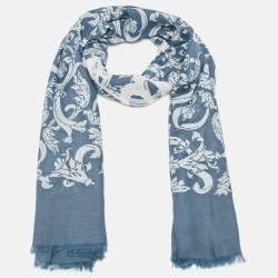 Loewe Blue Print Cotton and Cashmere Fringed Scarf