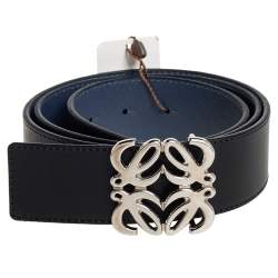 Pre Owned Loewe Black/Blue Leather Anagram Reversible Buckle Belt 95 CM