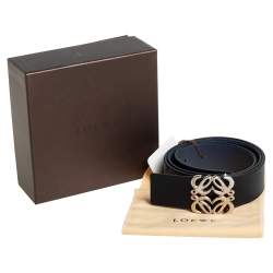 Pre Owned Loewe Black/Blue Leather Anagram Reversible Buckle Belt 95 CM