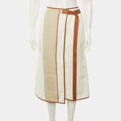 Pre Owned Loewe White Linen & Leather Trim Belted Midi Skirt L
