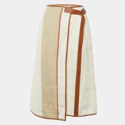 مملوكة مسبقًا Loewe White Linen & Leather Trim Belted Midi Skirt L