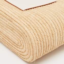 Loewe White/Natural Raffia and Leather Small Square Basket Tote