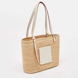 Loewe White/Natural Raffia and Leather Small Square Basket Tote