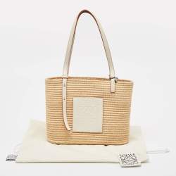 Loewe White/Natural Raffia and Leather Small Square Basket Tote