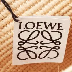 Loewe White/Natural Raffia and Leather Small Square Basket Tote