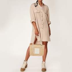 Loewe White/Natural Raffia and Leather Small Square Basket Tote
