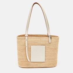 Loewe White/Natural Raffia and Leather Small Square Basket Tote