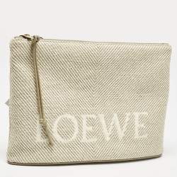 Pre Owned Loewe Beige Jacquard Canvas Oblong Pouch