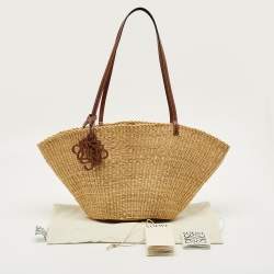Pre Owned Loewe Beige/Brown Woven Raffia and Leather Shell Basket Tote