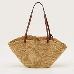 Pre Owned Loewe Beige/Brown Woven Raffia and Leather Shell Basket Tote