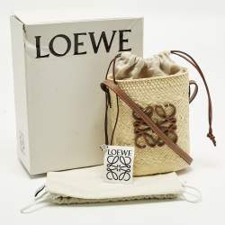 Pre Owned Loewe Anagram Square Pocket Cream/Brown Raffia Bucket Bag