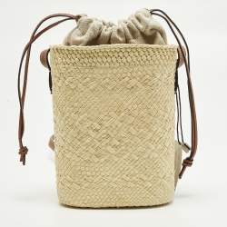 Pre Owned Loewe Anagram Square Pocket Cream/Brown Raffia Bucket Bag