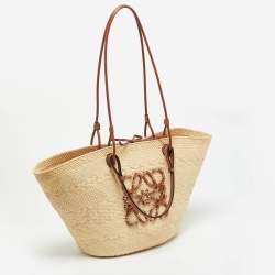 Pre Owned Loewe Anagram Medium Brown/Natural Iraca Palm Basket Tote
