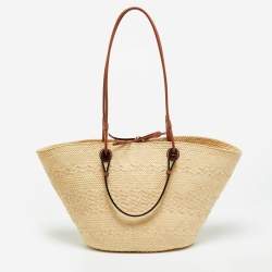 Pre Owned Loewe Anagram Medium Brown/Natural Iraca Palm Basket Tote