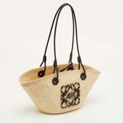 Pre Owned Loewe Anagram Small Beige/Black Raffia and Leather Beach Bag