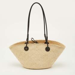 Pre Owned Loewe Anagram Small Beige/Black Raffia and Leather Beach Bag