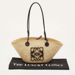 Pre Owned Loewe Anagram Small Beige/Black Raffia and Leather Beach Bag