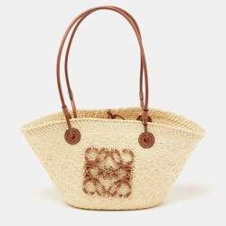  Loewe Beige/Brown Woven Raffia and Leather Small Anagram Basket Bag
