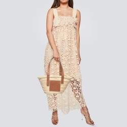 Pre Owned Loewe Brown/Natural Raffia and Leather Small Basket Tote