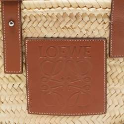Pre Owned Loewe Brown/Natural Raffia and Leather Small Basket Tote