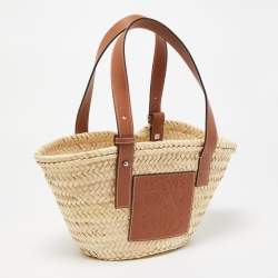 Pre Owned Loewe Brown/Natural Raffia and Leather Small Basket Tote