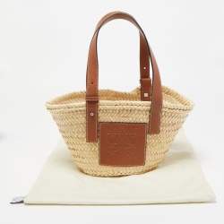 Pre Owned Loewe Brown/Natural Raffia and Leather Small Basket Tote