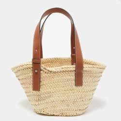 Pre Owned Loewe Brown/Natural Raffia and Leather Small Basket Tote