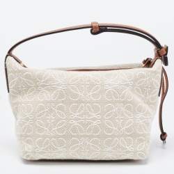 Loewe Ecru/Tan Jacquard Canvas and Leather Small Cubi Anagram Shoulder Bag