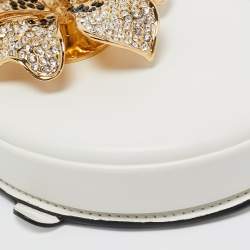 Pre Owned Loewe White Leather Small Crystal Flower Heel Pouch