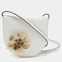 Pre Owned Loewe White Leather Small Crystal Flower Heel Pouch