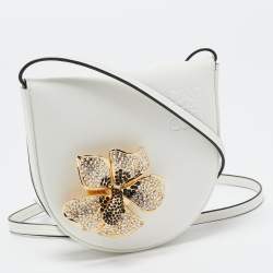 Pre Owned Loewe White Leather Small Crystal Flower Heel Pouch