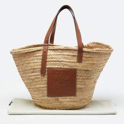 Pre Owned Loewe Vream/Brown Woven Raffia and Leather Large Basket Bag