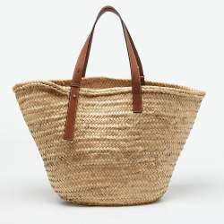 Pre Owned Loewe Vream/Brown Woven Raffia and Leather Large Basket Bag