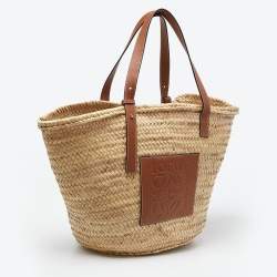 Pre Owned Loewe Vream/Brown Woven Raffia and Leather Large Basket Bag