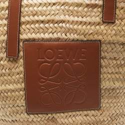 Pre Owned Loewe Vream/Brown Woven Raffia and Leather Large Basket Bag