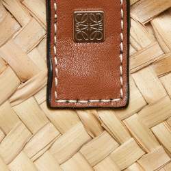 Pre Owned Loewe Vream/Brown Woven Raffia and Leather Large Basket Bag