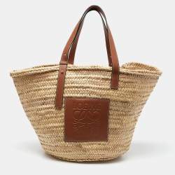 Pre Owned Loewe Vream/Brown Woven Raffia and Leather Large Basket Bag